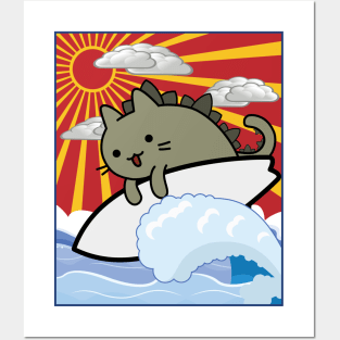 CATching waves cat zilla surfer and sunset Posters and Art